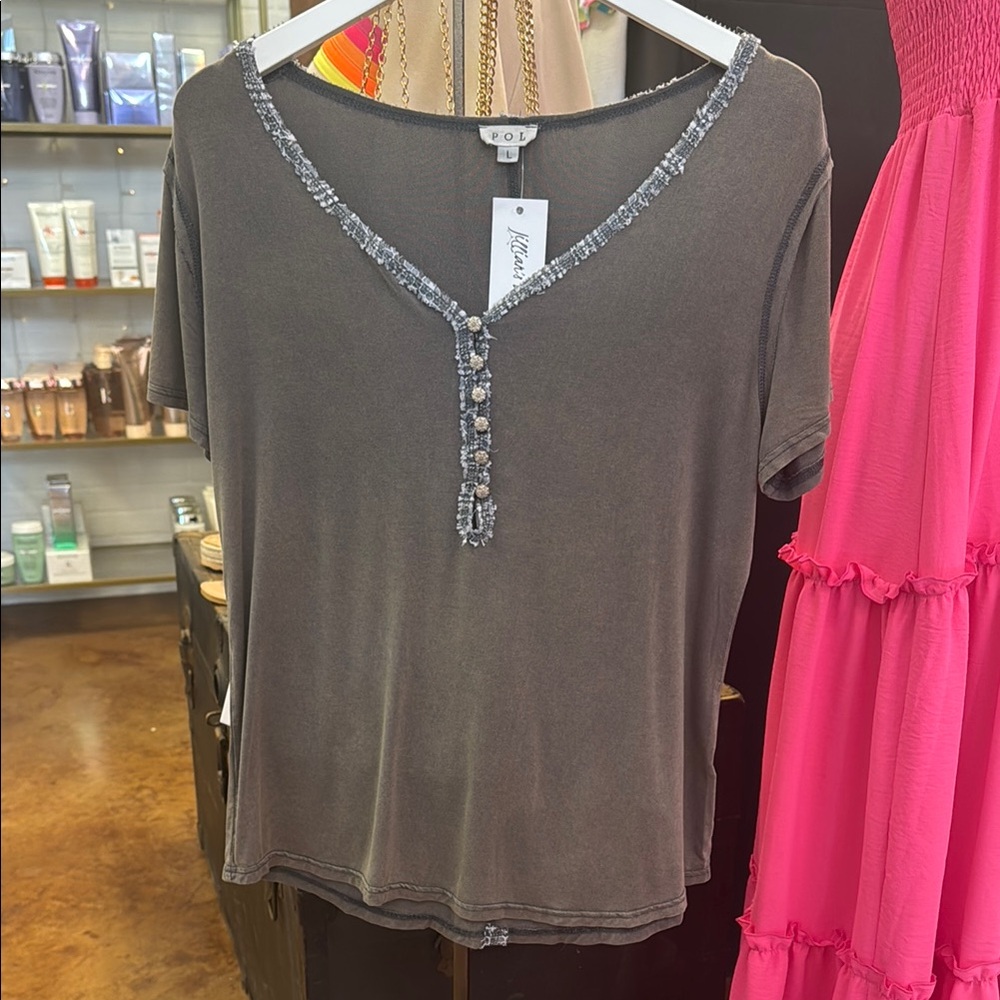 POL Gray Fitted Embellished Short Sleeve Tee